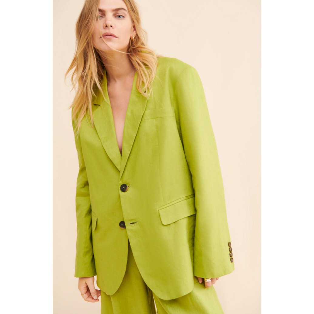 Anthropologie Alexandra Bueno Water Lili Green Linen Blazer Size Xs